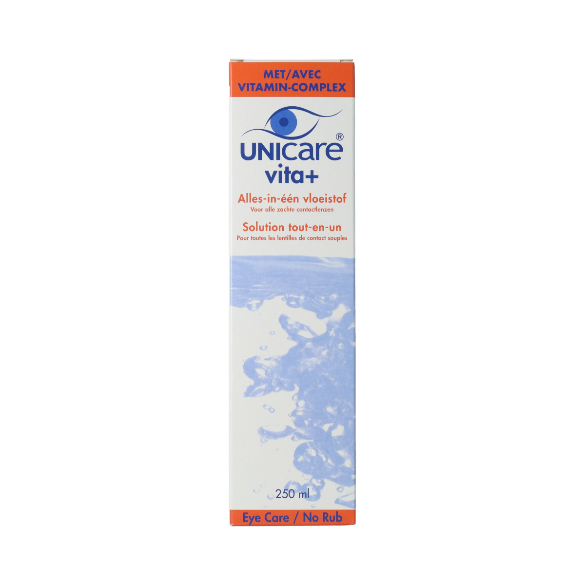 Unicare Vita+ soft contact lens solution in a 250ml bottle, used for cleaning and storing contact lenses.
