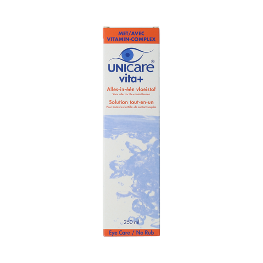 Unicare Vita+ soft contact lens solution in a 250ml bottle, used for cleaning and storing contact lenses.