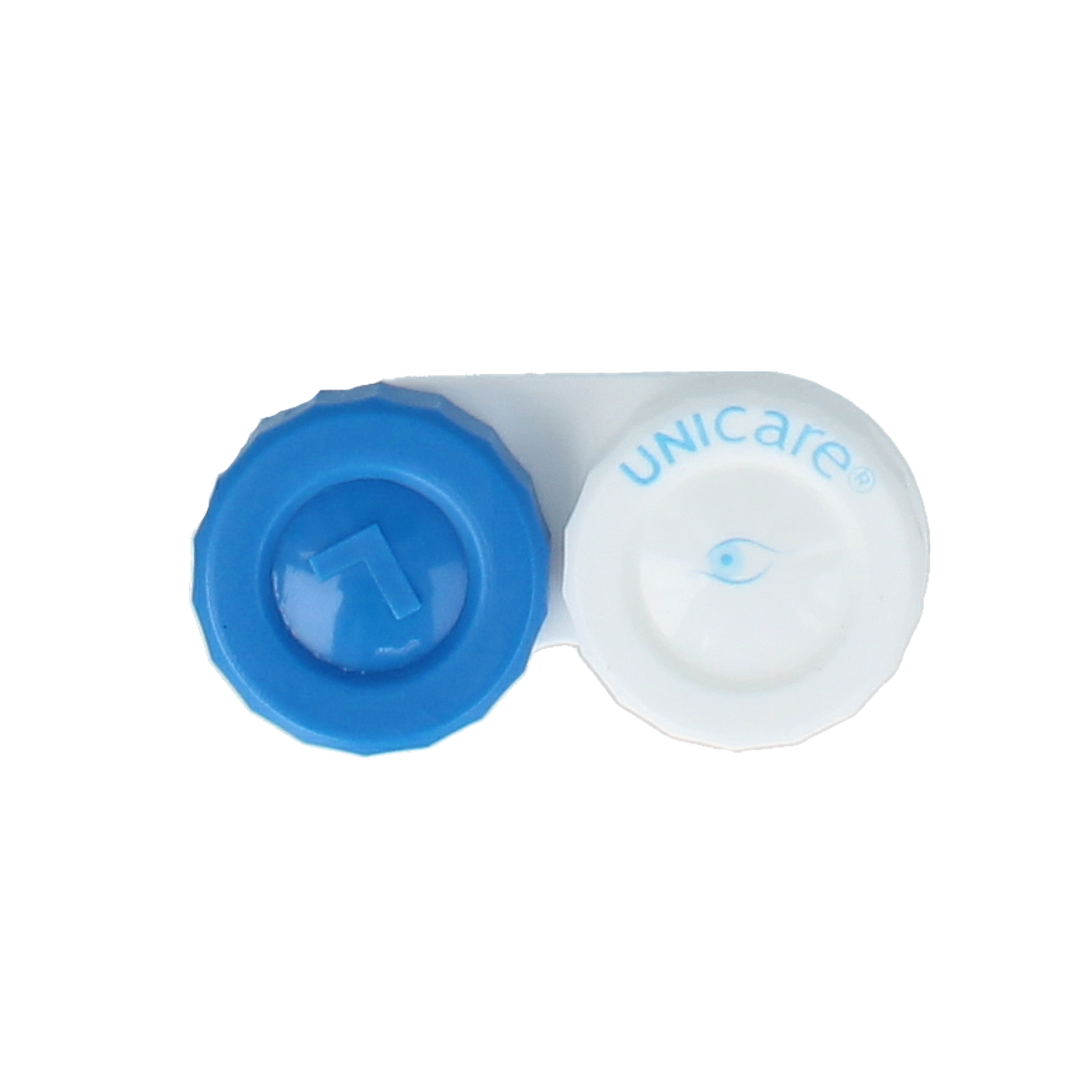 Unicare Lenshouder plat 1.00, optiek product for storing contact lenses, shown with clear design and branding details.