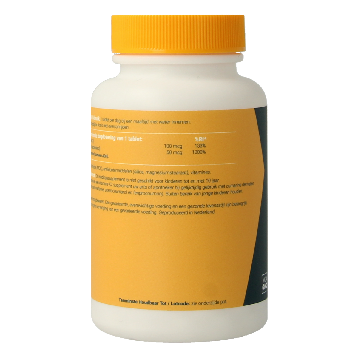 Fittergy K2 100mcg and D3 50mcg multivitamin tablets, showing a bottle of supplement tablets on a white background.