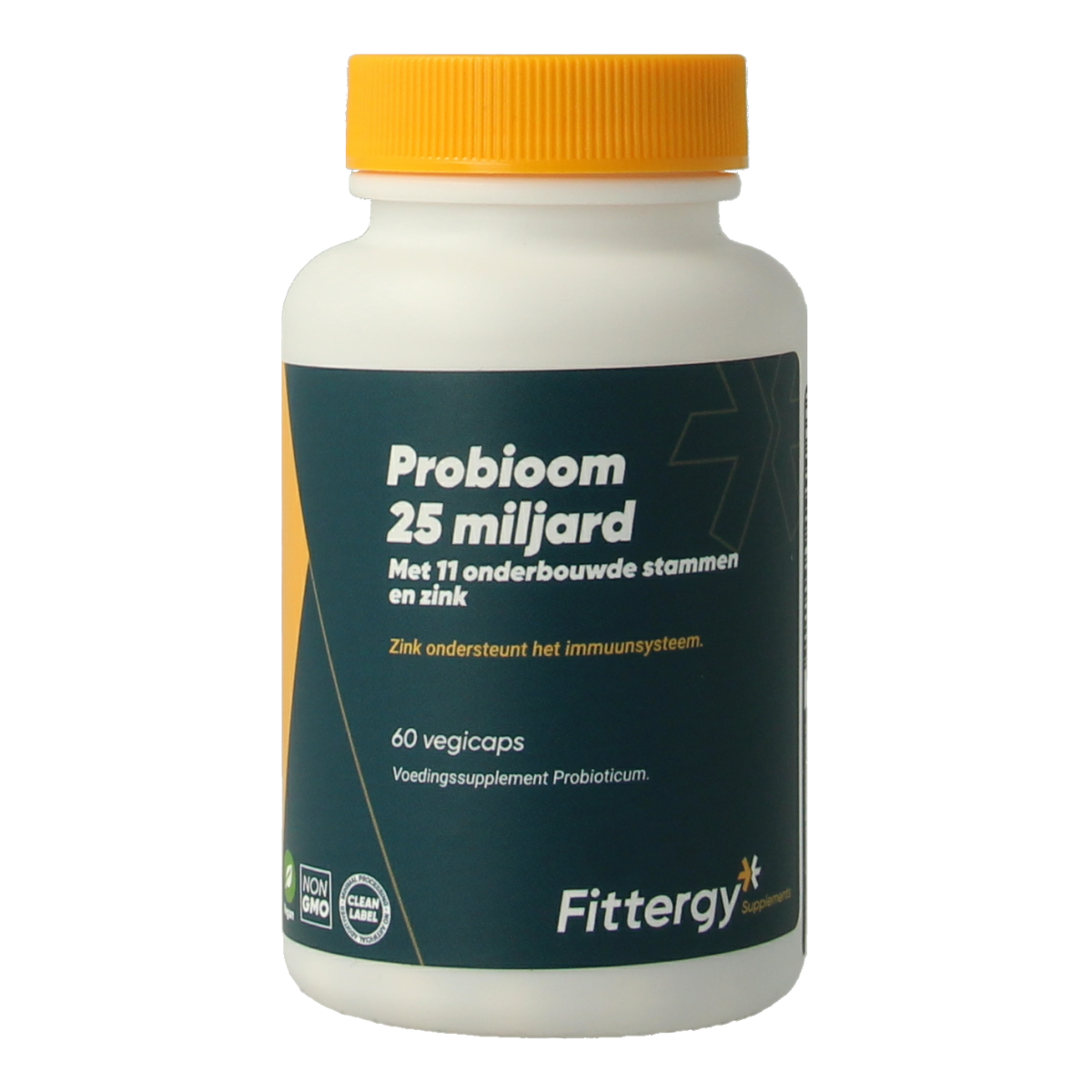 Fittergy Probioom kuur 25 miljard probiotic capsules, vegetarian micro-organisms, 60 capsules in a supplement bottle.