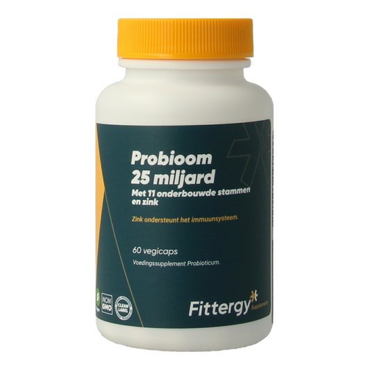 Fittergy Probioom kuur 25 miljard probiotic capsules, vegetarian micro-organisms, 60 capsules in a supplement bottle.