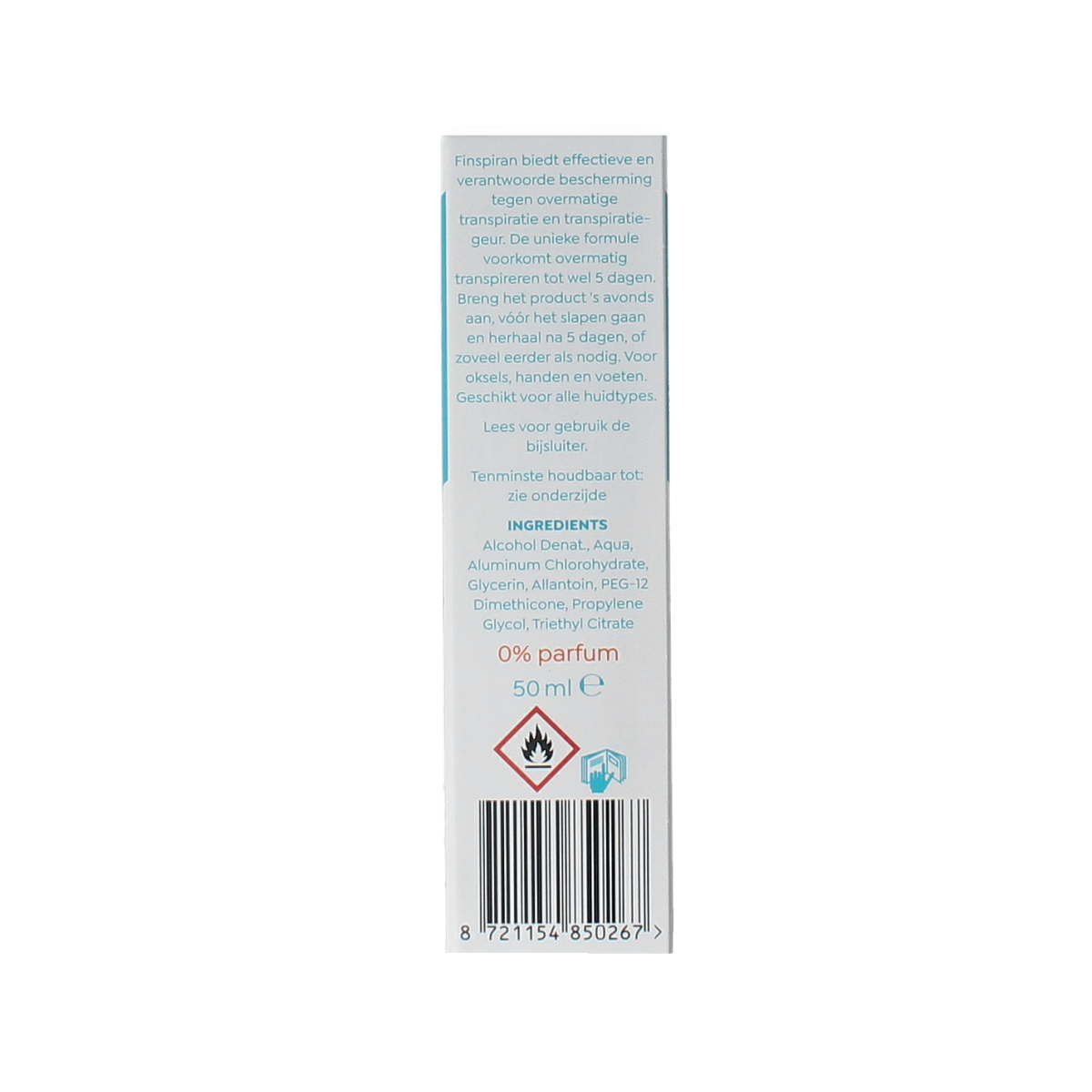 Finspiran anti-transpirant spray bottle, 50ml, a deodorant product designed to reduce sweating and odor.