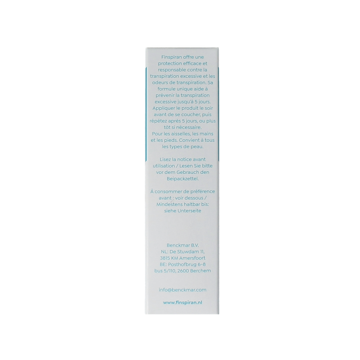 Finspiran anti-transpirant spray in 50ml bottle, deodorant product with clear label and spray nozzle for underarm freshness.