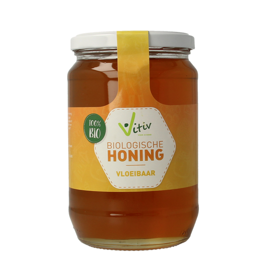 Vitiv organic liquid honey in a 900g jar, smooth golden honey with a natural, glossy appearance.