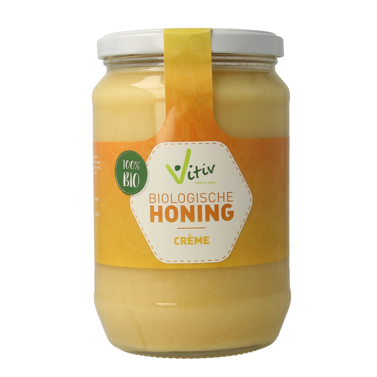 Vitiv Honing creme bio 900g jar with a golden honey-colored surface and label, showcasing organic honey spread in a glass jar.