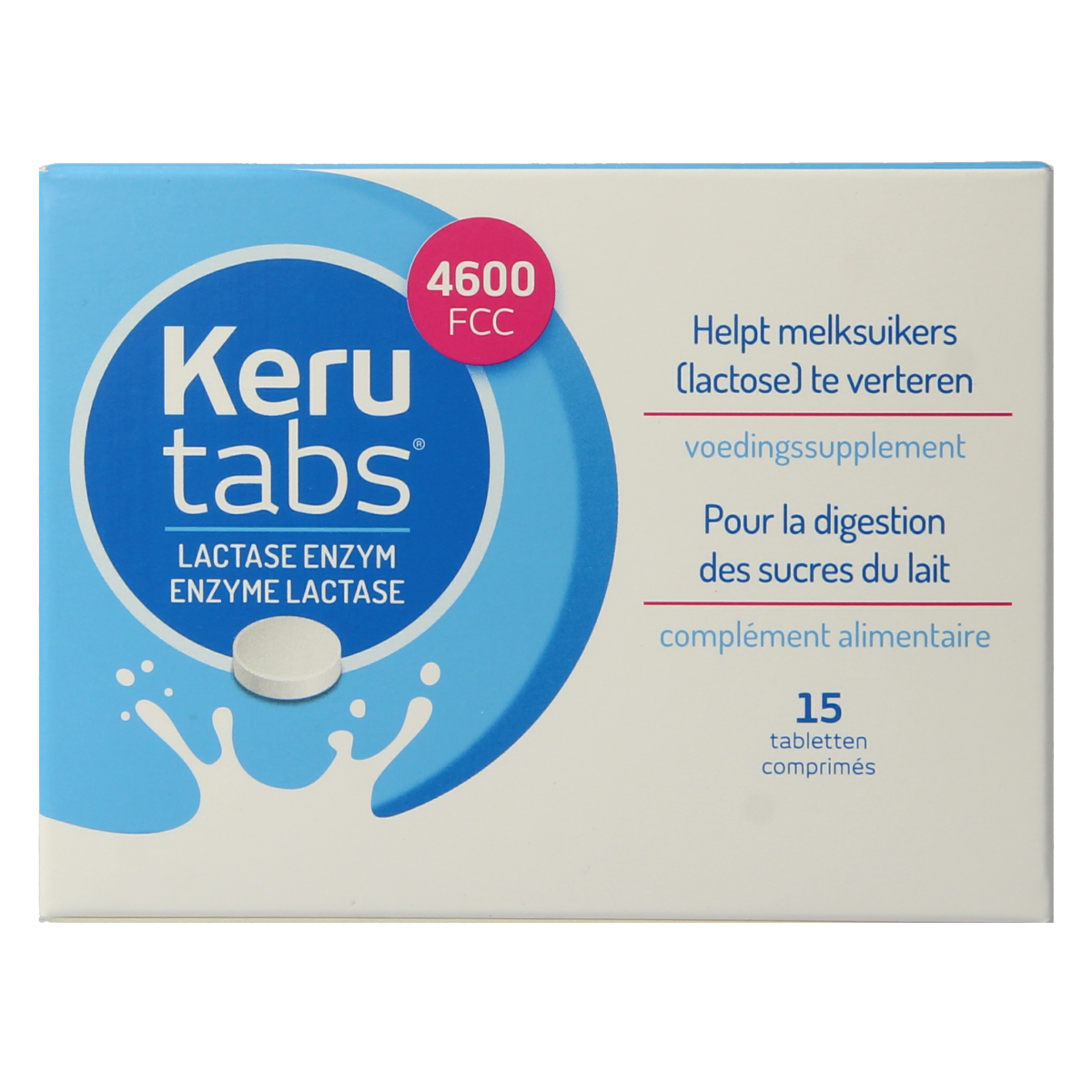 Kerutabs Lactase enzyme tablets in blister pack, 15 count, supporting digestion of dairy products with natural lactase enzyme.