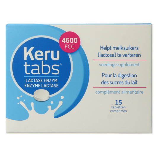 Kerutabs Lactase enzyme tablets in blister pack, 15 count, supporting digestion of dairy products with natural lactase enzyme.