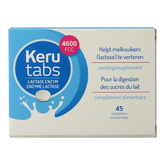 Kerutabs 4600 FCC fiber and enzyme tablets in a bottle, dietary supplement for digestive health.