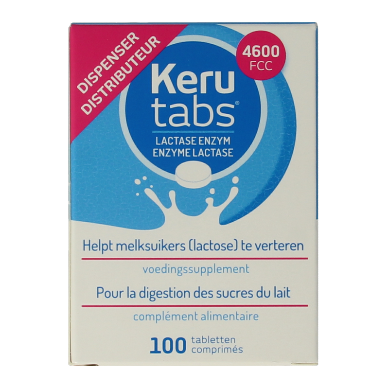 Kerutabs 4600 FCC fiber and enzyme supplement in a box of 100 tablets, dietary supplement for digestive health.