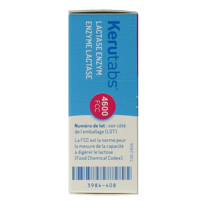 Kerutabs 4600 FCC fiber and enzyme supplement box with 100 tablets, showing the product packaging and tablets.