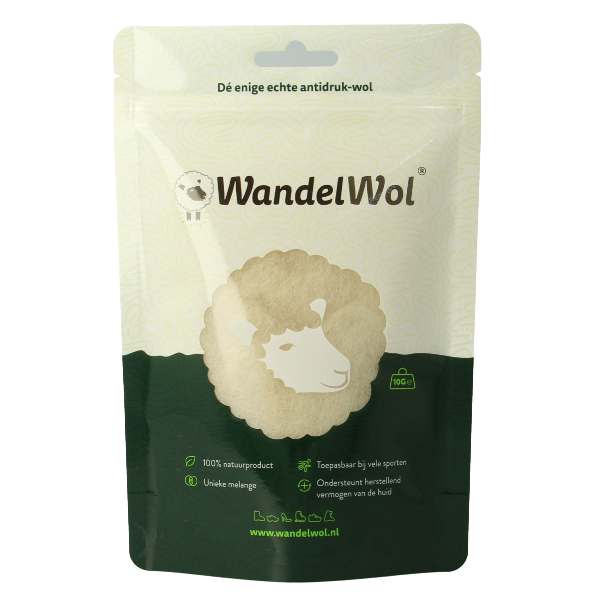 Wandelwol antidruk-wol voetverzorging, 10 gram, close-up of the Wandelwol brand foot care product in a container