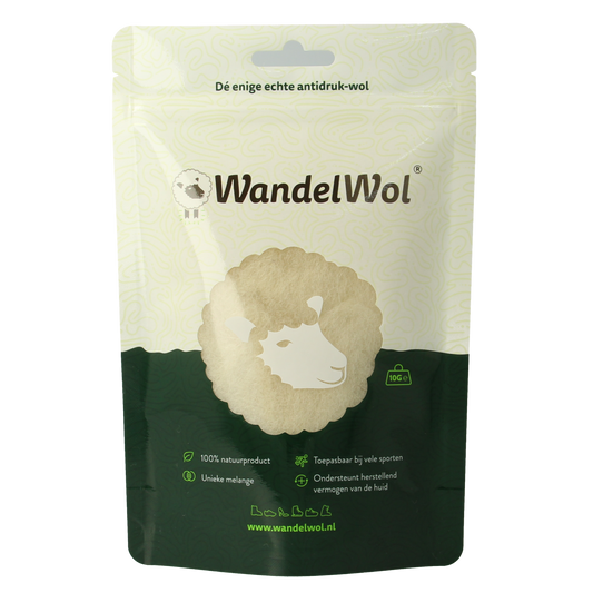 Wandelwol antidruk-wol voetverzorging, 10 gram, close-up of the Wandelwol brand foot care product in a container