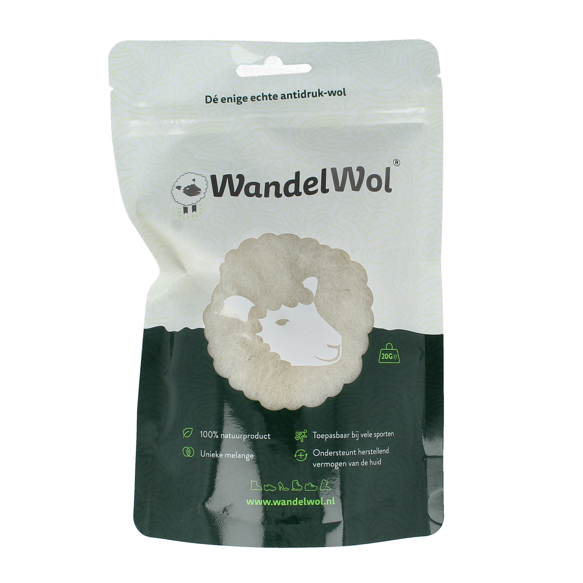 Wandelwol antidruk-wol foot care product in 20g package, showing soft wool for skin protection and comfort.