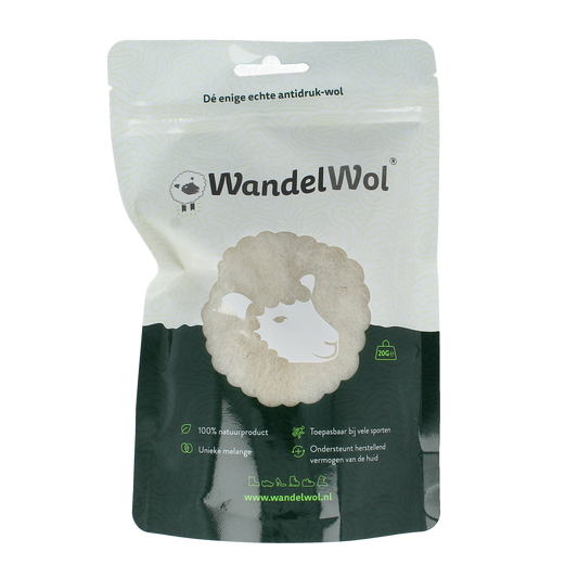 Wandelwol antidruk-wol foot care product in 20g package, showing soft wool for skin protection and comfort.