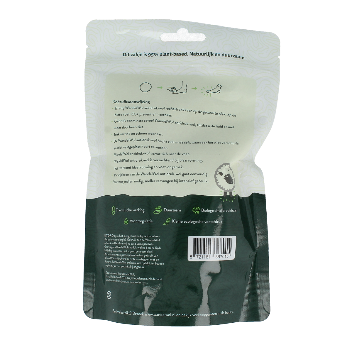 Wandelwol Antidruk-wol 20g for foot care, showing soft, natural wool for relieving pressure and foot comfort.