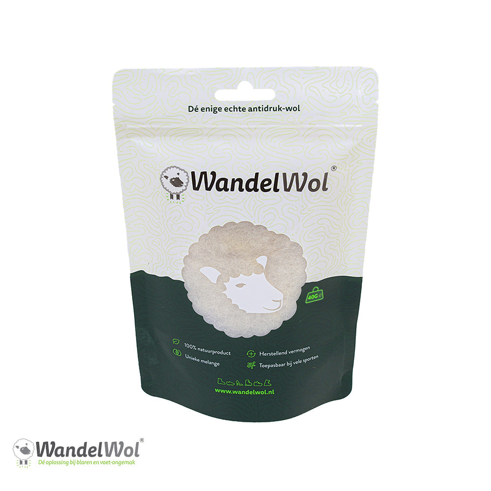 Wandelwol Antidruk-wol 40g for foot care, showing the soft wool product designed to relieve pressure and protect feet.