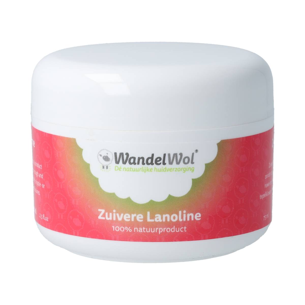 Wandelwol Zuivere Lanoline 75ml bottle for body care with a white label and cap, ideal for nourishing skin.