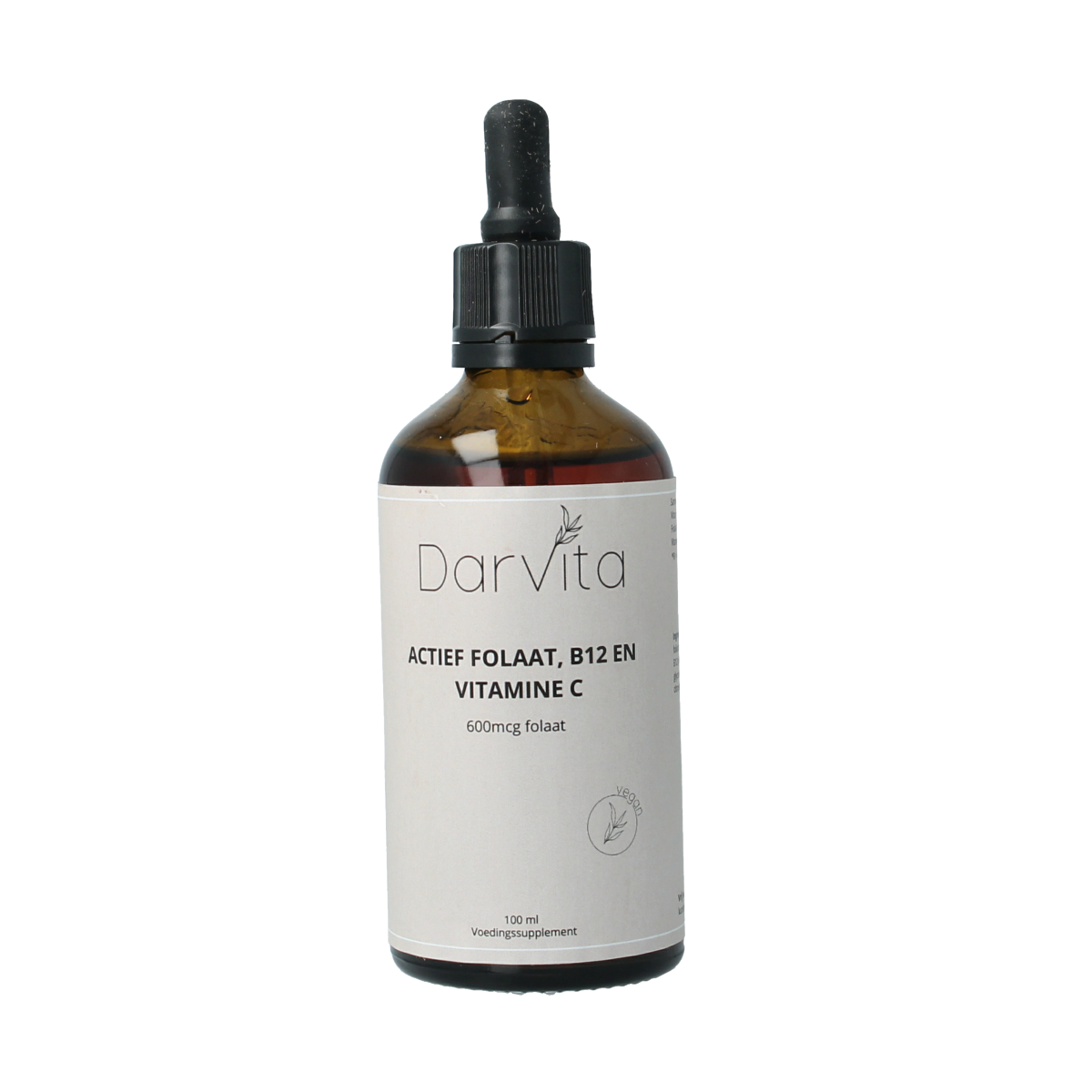 Darvita Folaat B12 with vitamin C in 100ml bottle, dietary supplement featuring colorful liquid in a transparent container.