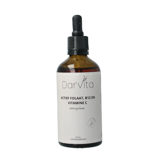 Darvita Folaat B12 with vitamin C in 100ml bottle, dietary supplement featuring colorful liquid in a transparent container.