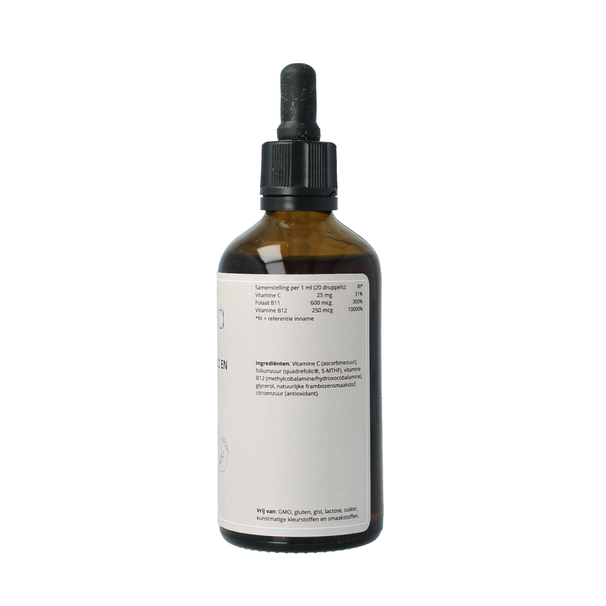 Darvita Folaat B12 with vitamin C in 100ml bottle, multi-vitamin supplement, clear liquid with label and dropper cap.