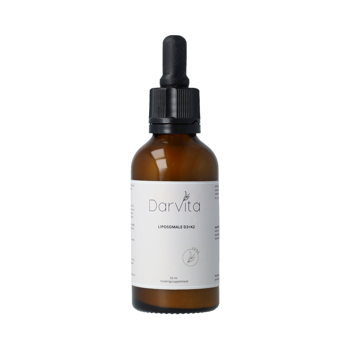 Darvita D3+K2 liposomal vitamin supplement bottle, 50ml, showing the product label with vibrant packaging and dosage information.