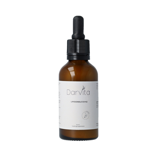 Darvita D3+K2 liposomal vitamin supplement bottle, 50ml, showing the product label with vibrant packaging and dosage information.