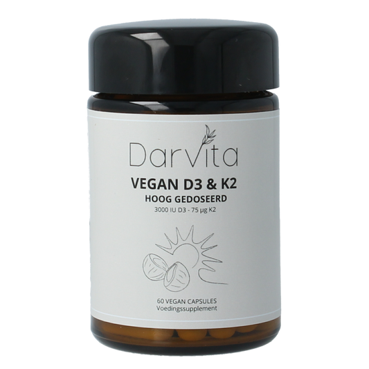 Darvita D3 & K2 3000 IU vitamin capsules with MCT powder, vegetarian supplement in a white bottle with capsules visible.