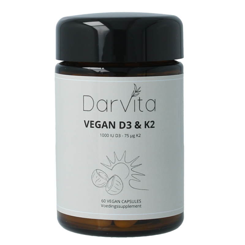Darvita D3 & K2 1000 IU vitamin capsules in MCT coconut powder, 60 vegetarian capsules for immune support and bone health.