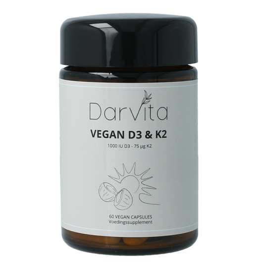 Darvita D3 & K2 1000 IU vitamin capsules in MCT coconut powder, 60 vegetarian capsules for immune support and bone health.