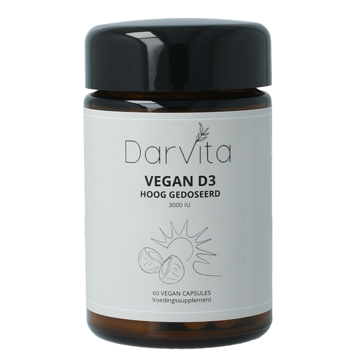 Darvita D3 3000 IU MCT coconut powder capsules, vegetarian vitamin supplement in a clear container, showing the capsules.