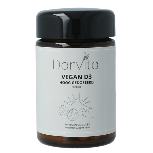 Darvita D3 3000 IU MCT coconut powder capsules, vegetarian vitamin supplement in a clear container, showing the capsules.
