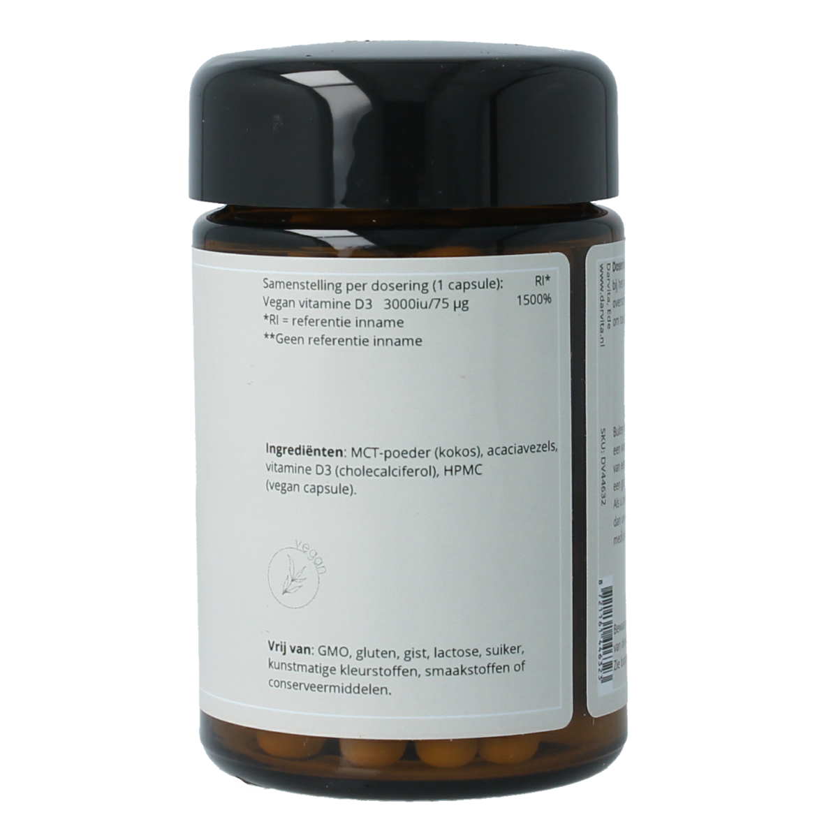 Darvita D3 3000 IU MCT coconut powder vegetarian capsules, dietary supplement with vitamin D3 in a clear container.