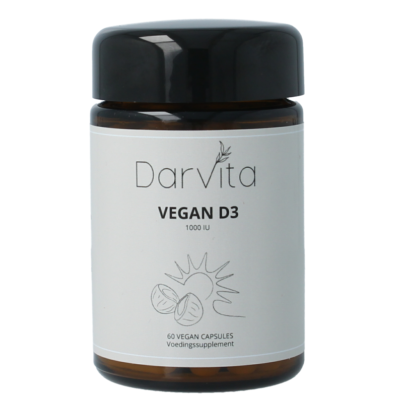 Darvita D3 1000 IU MCT coconut powder capsules, vegetarian vitamin supplement in a clear bottle with 60 capsules.