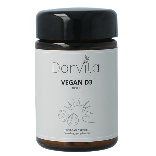 Darvita D3 1000 IU MCT coconut powder capsules, vegetarian vitamin supplement in a clear bottle with 60 capsules.