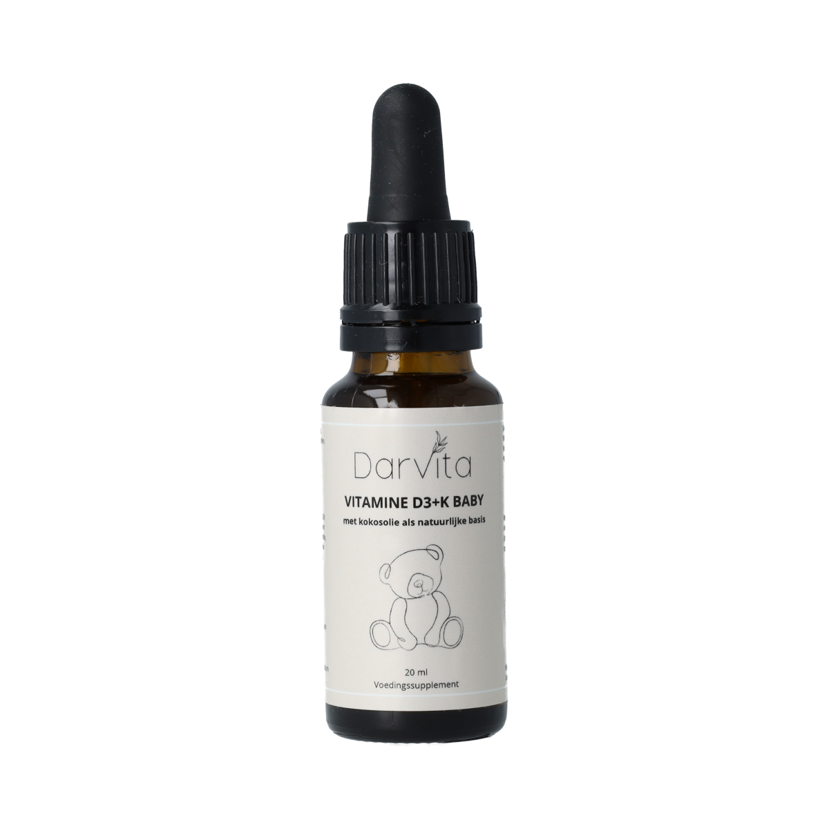 Bottle of Darvita D3+K1 coconut oil vitamin supplement for babies, 20ml, with a clear label and dropper cap.