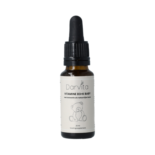 Bottle of Darvita D3+K1 coconut oil vitamin supplement for babies, 20ml, with a clear label and dropper cap.