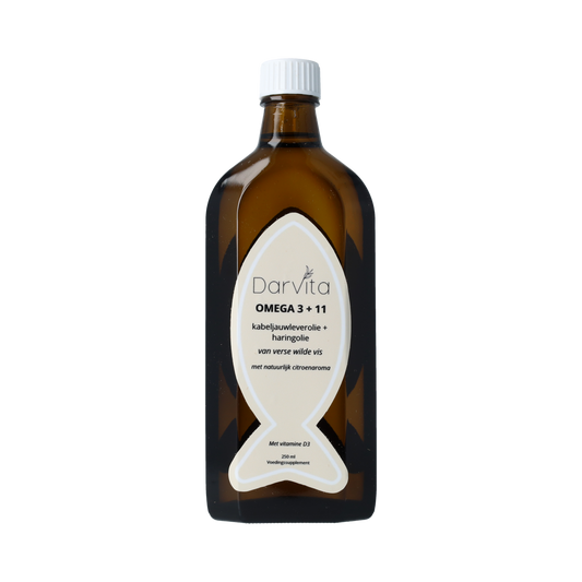 Darvita Omega 3+11 Vetzuren bottle, 250ml, showing the product label and packaging with a clear view of the Darvita brand.