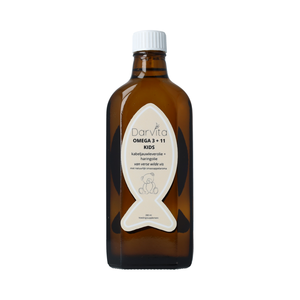 Darvita Omega 3+11 kids Vetzuren supplement in a 200ml bottle, designed for children's omega fatty acid support.