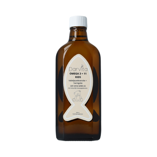 Darvita Omega 3+11 kids Vetzuren supplement in a 200ml bottle, designed for children's omega fatty acid support.