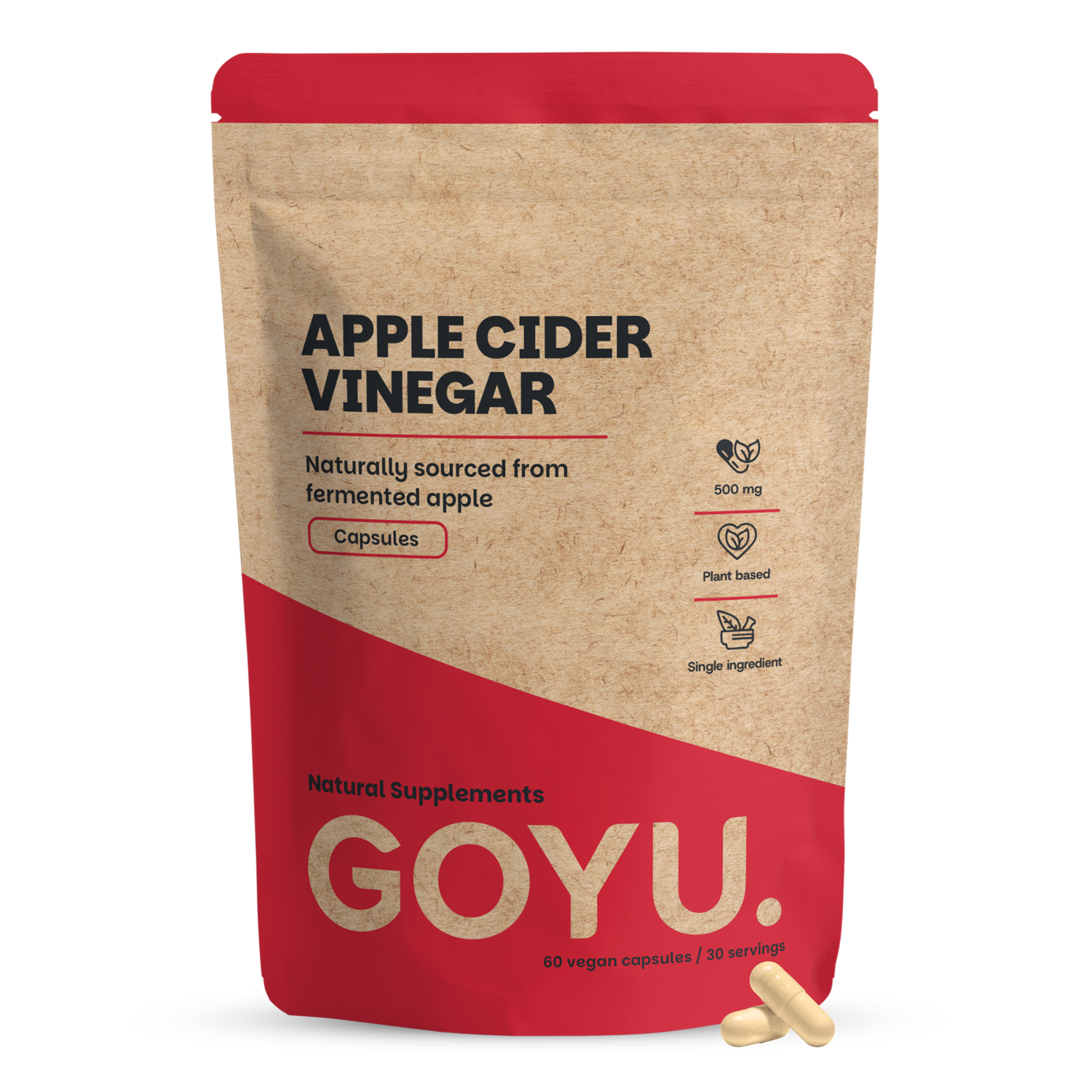 Goyu Appelazijn 500mg vegetarian capsules, herbal supplement in a bottle with capsules visible.