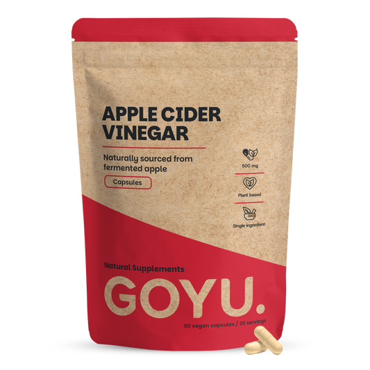 Goyu Appelazijn 500mg vegetarian capsules, herbal supplement in a bottle with capsules visible.