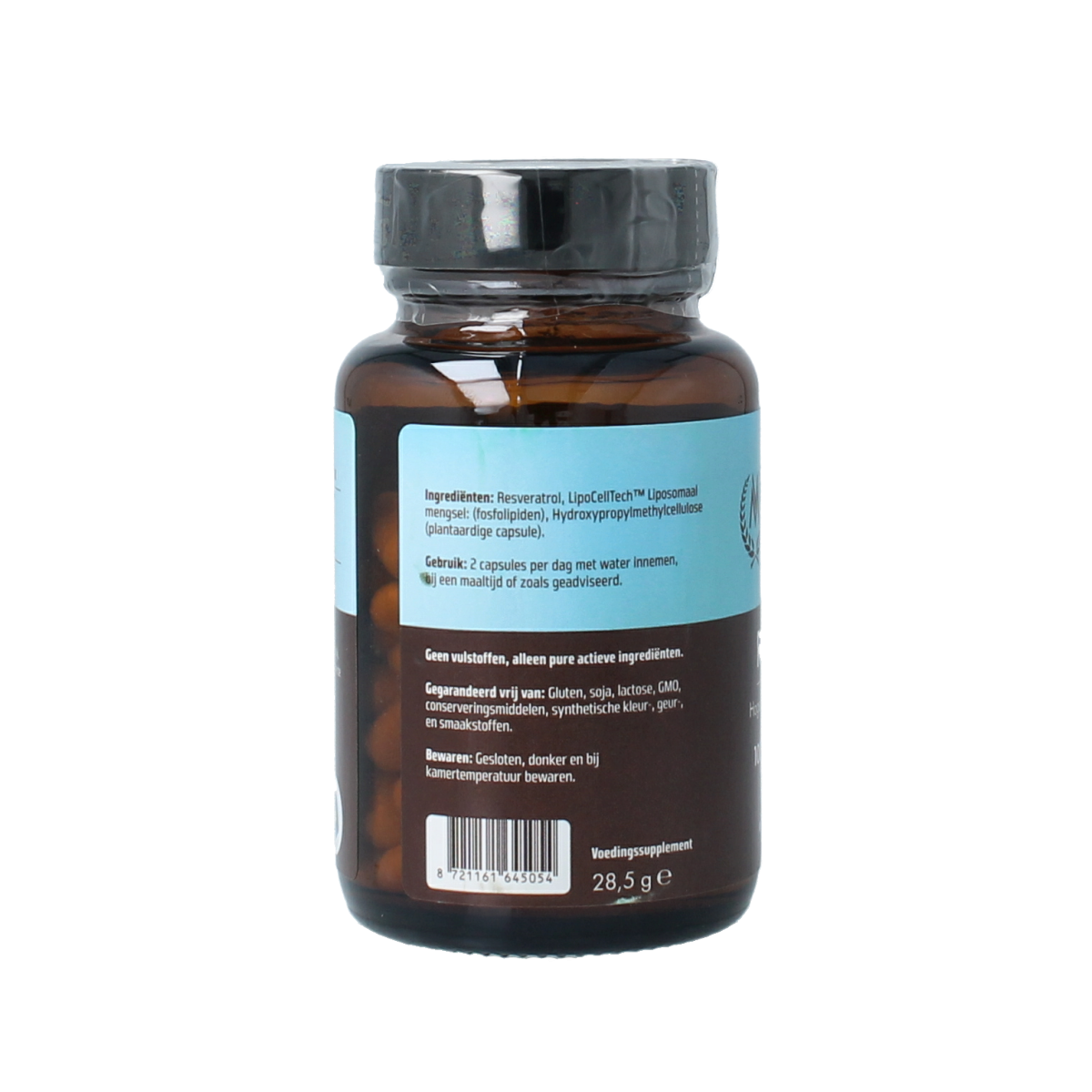 Vitamunda liposomale resveratrol capsules in a bottle, dietary supplement for antioxidant support, natural herbal health product.