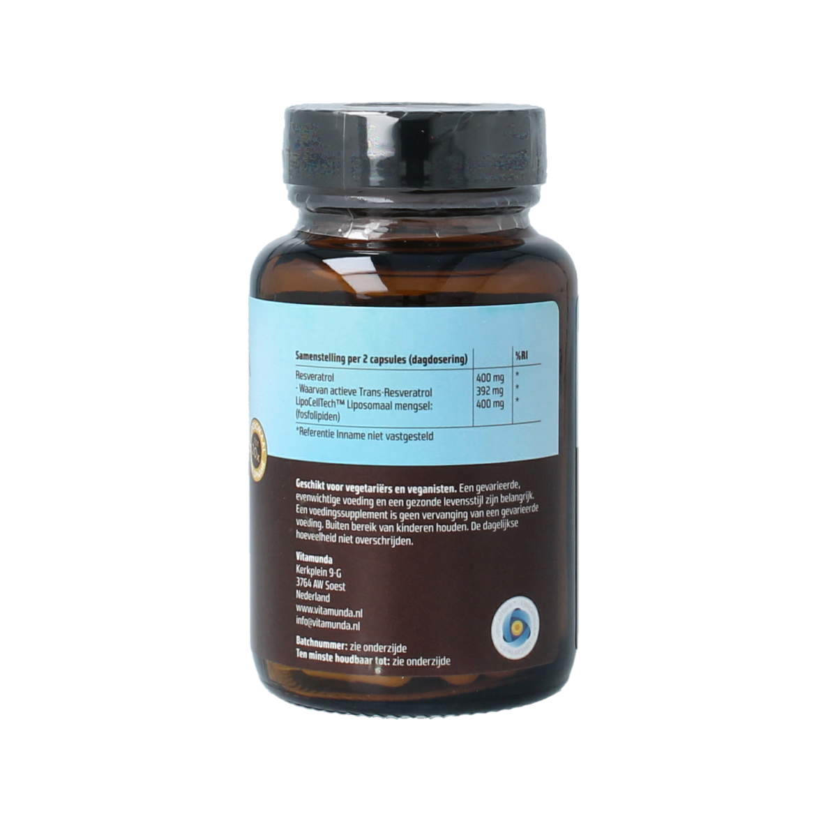 Vitamunda Liposomale Resveratrol capsules in a bottle, dietary supplement for health and wellness, 60 capsules.