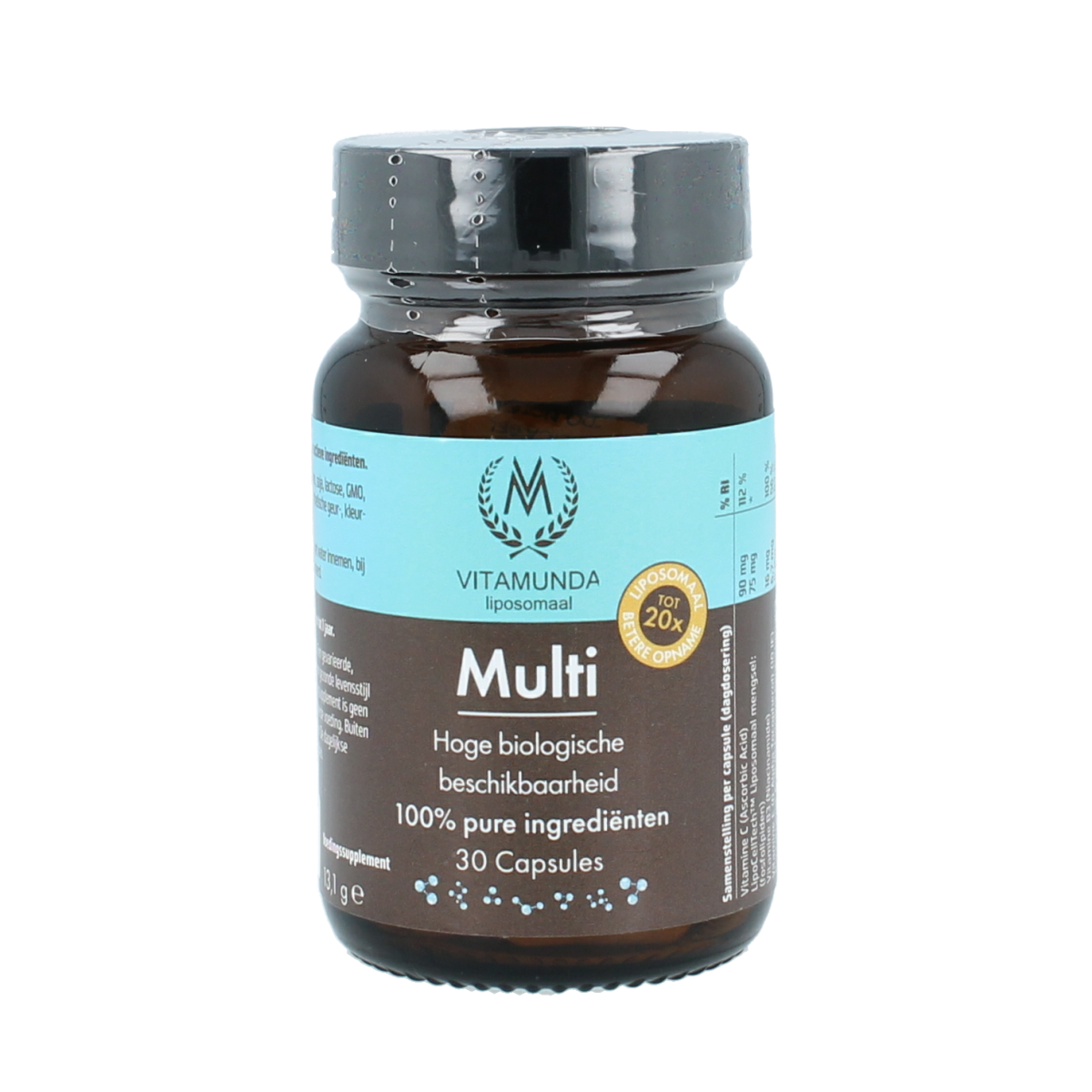Vitamunda Liposomale Multi vitamin capsules in a bottle, dietary supplement for overall health and wellness.
