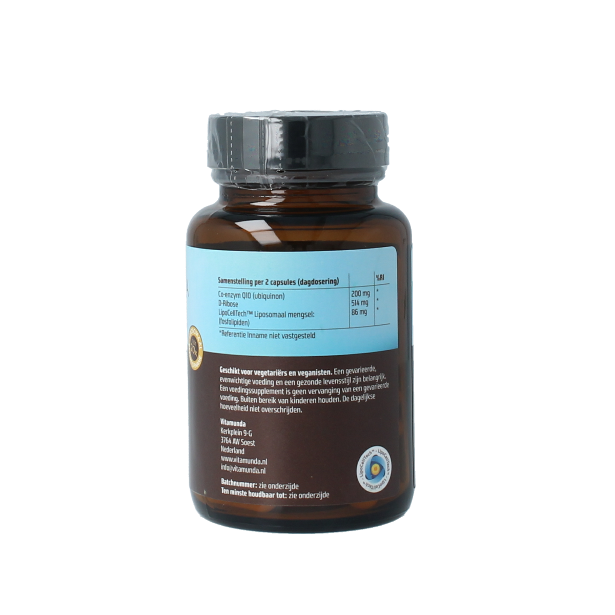 Vitamunda Liposomale CoQ10 capsules in a bottle, dietary supplement for energy and antioxidant support.