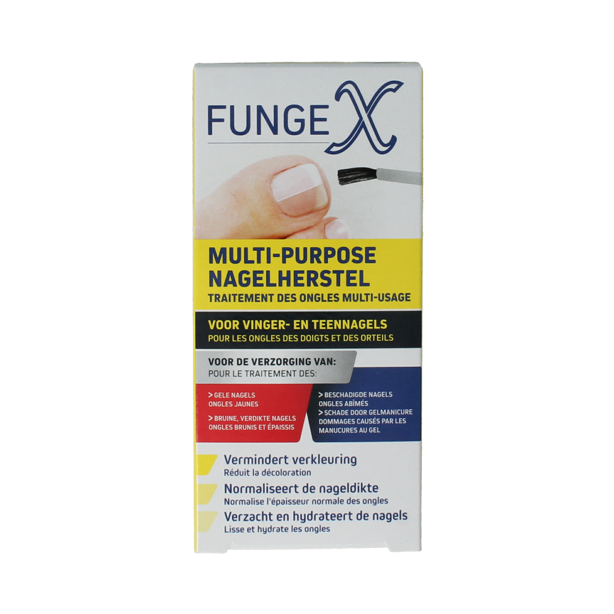 Fungex Nagelherstel met kwastje voor voetverzorging, 9 ml, close-up of the nail repair product with applicator brush.