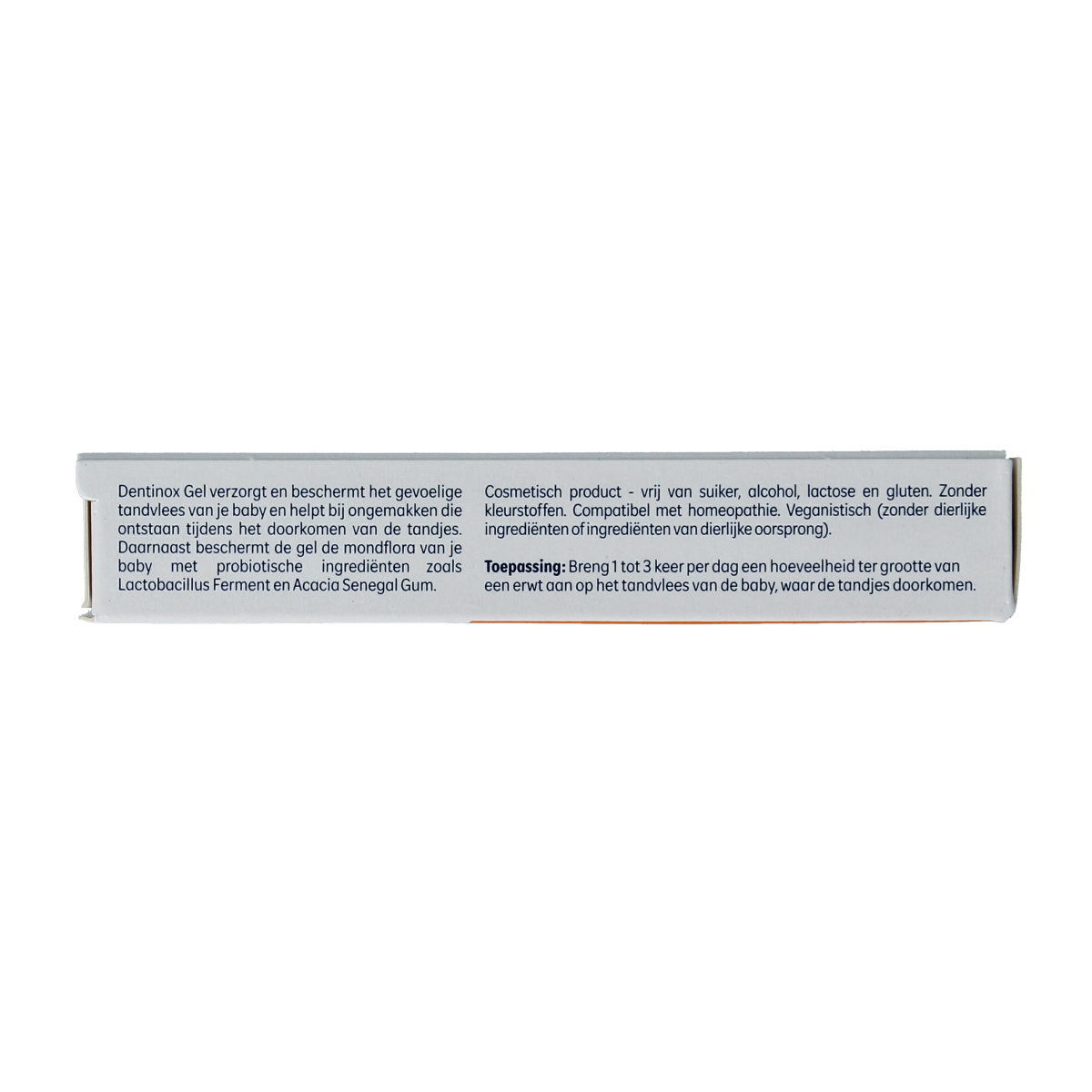 Dentinox Tand gel 10g for baby and toddler teething relief, shown in a clear tube with label.