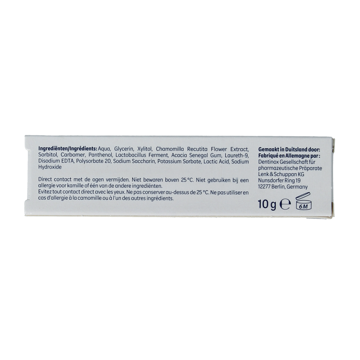 Dentinox baby teething gel in a 10g tube, designed for soothing infants and toddlers during teething discomfort.