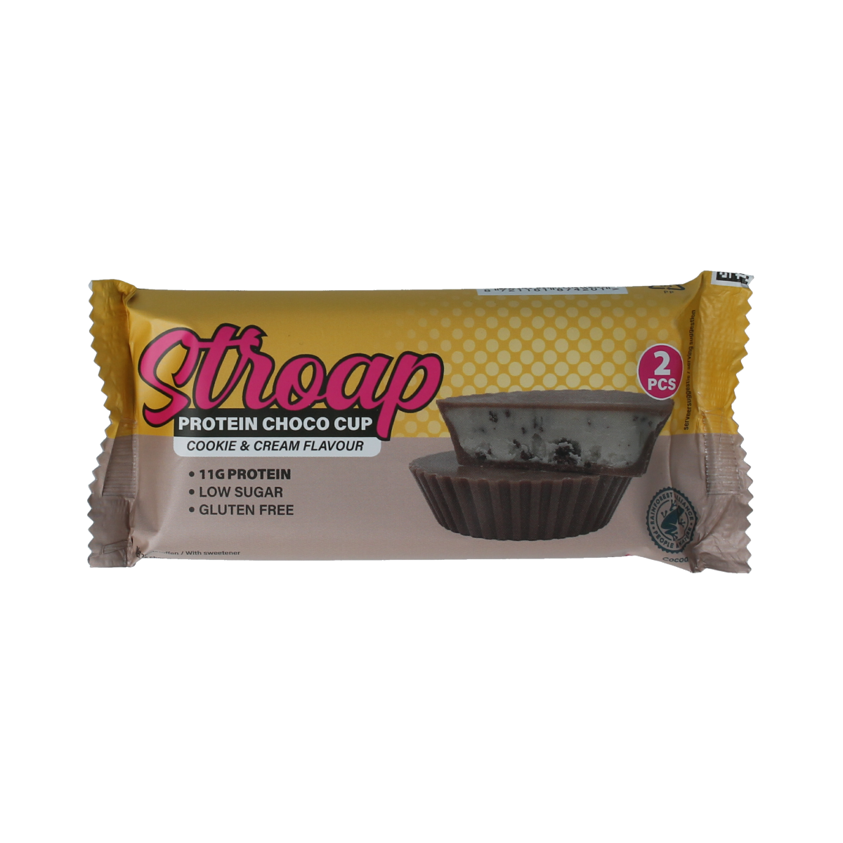 Stroap Protein Choco Cups Cookie & Cream chocolate snack, 42g, with creamy cookie filling and smooth chocolate coating.